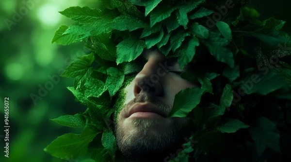 Fototapeta A man's face is enveloped by lush greenery, symbolizing a harmonious connection with nature, growth, rebirth, renewal, and the cyclical nature of life.