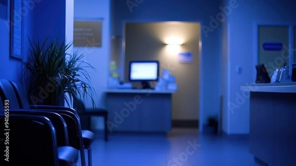 Fototapeta A quiet clinic reception area at night, with the faint glow of a computer monitor in the background