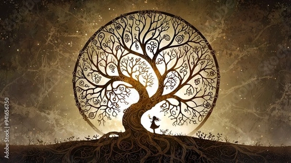 Fototapeta A meaningful background showcasing an abstract tree of life, with intricate branches and roots forming a mystical, glowing silhouette against a celestial backdrop.