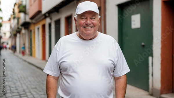 Fototapeta Plus size senior man wearing white t-shirt and white baseball cap standing in a city alley