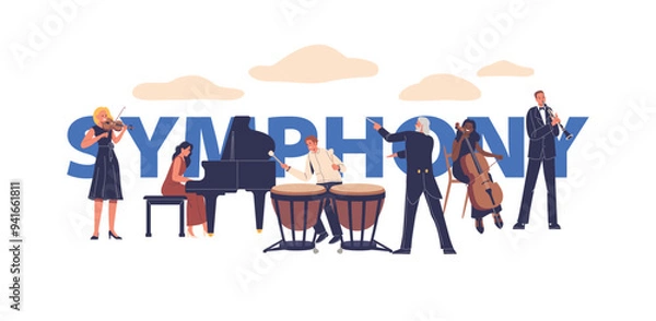 Fototapeta Symphony Orchestra Playing Different Instruments Concept. Musician Characters In Their Performance Dresses Playing Music