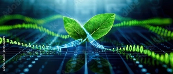 Fototapeta A vibrant green leaf emerging from digital data, symbolizing growth in technology and nature's harmony with innovation.