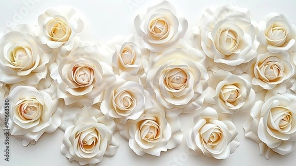 Obraz White peonies roses on white background with copy space abstract natural floral frame layout with text space romantic feminine composition wedding invitation concept.