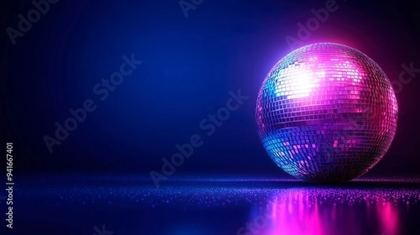 Obraz Disco ball shines bright in the dark, website advertising, music banner, disco pub banner, copy space for text