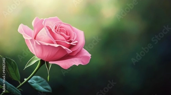 Fototapeta A single, delicate pink rose with its petals gracefully unfolding, bathed in soft sunlight, against a backdrop of lush green foliage. The image symbolizes beauty, love, nature, fragility, and new begi