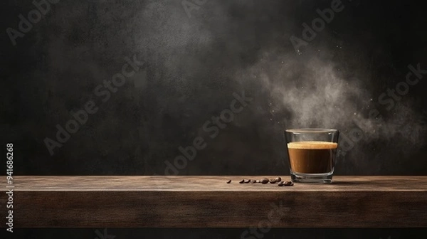 Fototapeta A glass of espresso on a wooden table with coffee beans and steam in a dark setting.