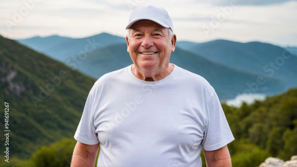 Fototapeta Plus size senior man wearing white t-shirt and white baseball cap standing on a mountain