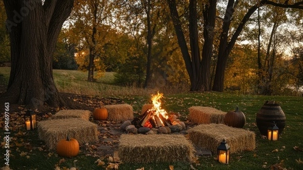 Fototapeta Intimate backyard bonfire with hay bales for seating, warm firelight illuminating surrounding trees and freshly fallen leaves, pumpkins and lanterns adding to the cozy autumn gathering
