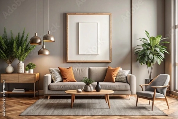 Fototapeta Stylish Living Room Interior with  Frame Poster, Modern interior design
