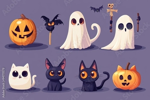 Fototapeta Halloween characters horror vector set design. Halloween character like grim reaper, ghost, pumpkin and cute cat mascot cartoon. Vector illustration party costume character collection. Generative Ai