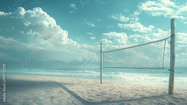 Fototapeta Beach volleyball net on a serene sandy shore