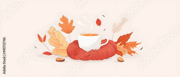 Fototapeta A flat vector illustration representing a cozy autumn scene with a cup of hot tea, fallen leaves, and a knitted scarf. Warm, muted tones, elegant and simple lines, minimalist aesthetic, cozy 