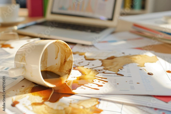 Fototapeta Overturned coffee cup spills onto business documents and laptop in a chaotic office scene