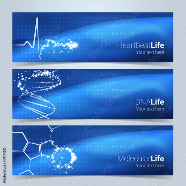 Fototapeta Medical banners or website header set. Heartbeat,  dna string and molecular structures with star glow effect. Text and background on separate layers. Fully scalable vector illustration.