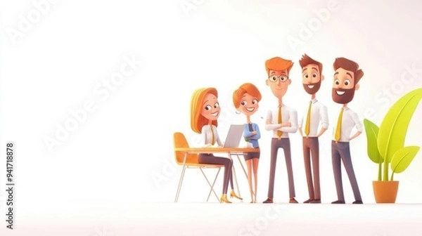 Fototapeta A cheerful team of professionals collaborating in a bright office setting. Showcases teamwork and creativity in a modern workspace.