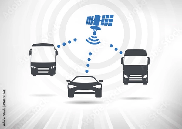 Fototapeta Connected Vehicles. Concept with intelligent vehicles connected via satellite. Vehicles in front view. Fully scalable vector illustration.