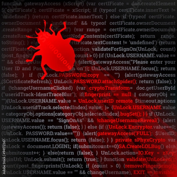 Fototapeta Virus Bug. Hacking concept. Red bug crawling on top of code. Fully scalable vector illustration.