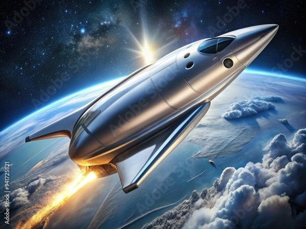 Fototapeta Futuristic Silver Spacecraft: A sleek silver spaceship with aerodynamic contours, advanced propulsion systems, and cutting-edge technology.