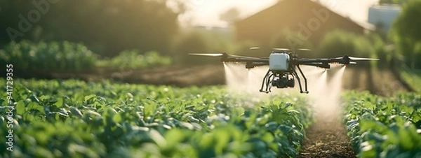 Obraz Dramatic photo of an organic farm with drones spraying non-toxic pesticides