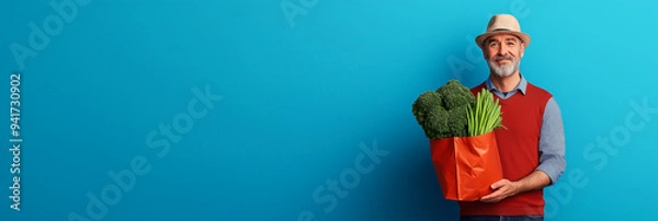 Fototapeta Grocery delivery service with a man carrying bags of fresh produce to a customer's door, solid background with empty space for text 