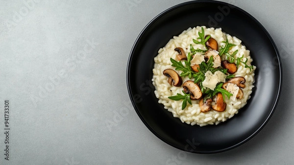 Fototapeta Modern dish of risotto with wild mushrooms, Parmesan, and fresh herbs, presented on a sleek black plate with ample space for text on a soft grey background 