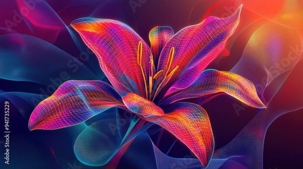 Fototapeta Abstract lily with vibrant neon lines and geometric shapes, set against a colorful vector background, creating a mesmerizing visual effect