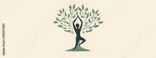 Obraz  A logo design featuring an illustration of a yoga tree pose, with leaves and branches forming the shape of a person doing the warrior two position