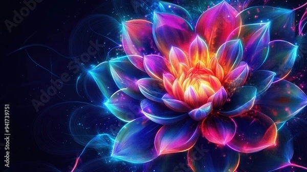 Fototapeta Abstract dahlia with neon geometric lines and bright colors, set against a mesmerizing vector background, creating a vibrant visual effect