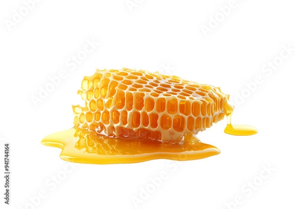 Fototapeta Honeycomb with flowing honey on transparent background.