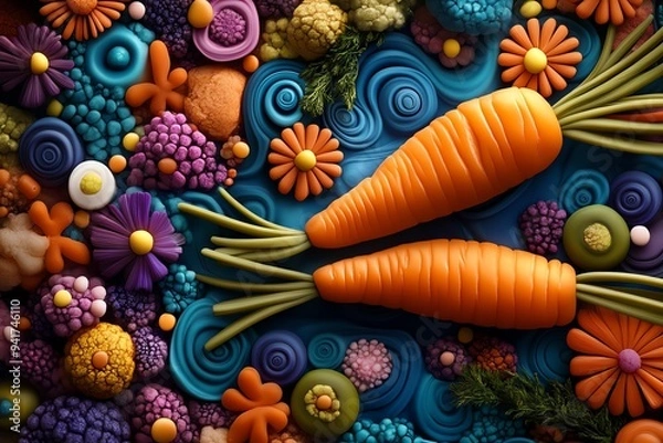 Fototapeta A vibrant, psychedelic interpretation of carrots, with swirling colors and exaggerated features