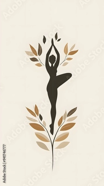 Obraz  A logo design featuring an illustration of a yoga tree pose, with leaves and branches forming the shape of a person doing the warrior two position