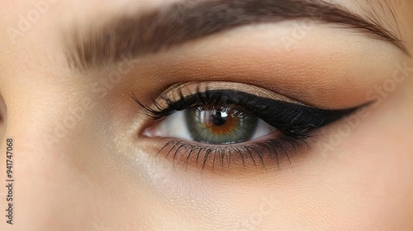 Fototapeta A detailed shot of a woman's eye, showcasing perfectly applied eyeliner and long, voluminous lashes, with a subtle hint of eyeshadow.