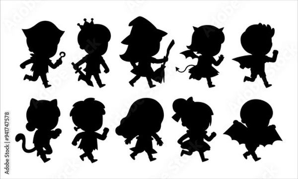 Obraz Silhouette of Children dressed in Halloween costumes to go Trick or Treating. Cute kids in Witch, prince, pirate, mermaid, Hero, Devil , cat and spooky pumpkin. Characters in spooky holiday.