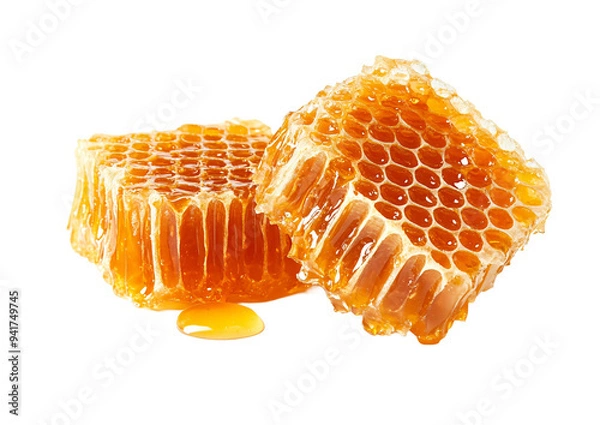 Fototapeta Two honeycombs with honey, transparent background.