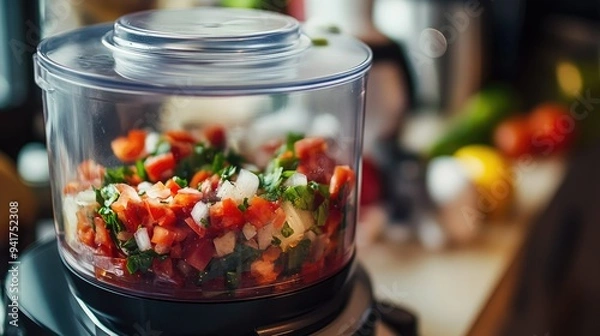 Fototapeta A detailed view of a food processor in action, with ingredients being chopped or blended, and the motion captured through the transparent lid. -