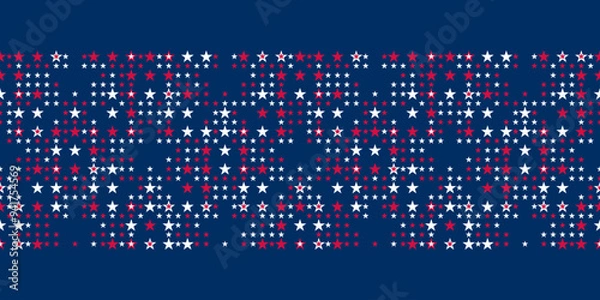 Obraz Seamless vector pattern Border with little red and white stars on blue background. 4th July irregular abstract geometric pattern. Independence day background.