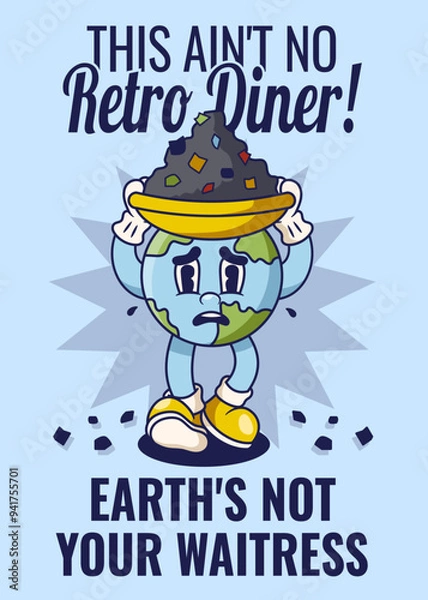 Obraz Generating Unsustainable Waste Poster with Earth Retro Mascot Illustration Color Version