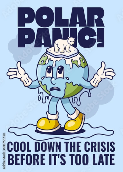Obraz Melting of Polar Ice Caps Poster with Earth Retro Mascot Illustration Color Version