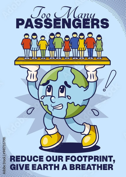 Obraz Over Population Poster with Earth Retro Mascot Illustration Color Version