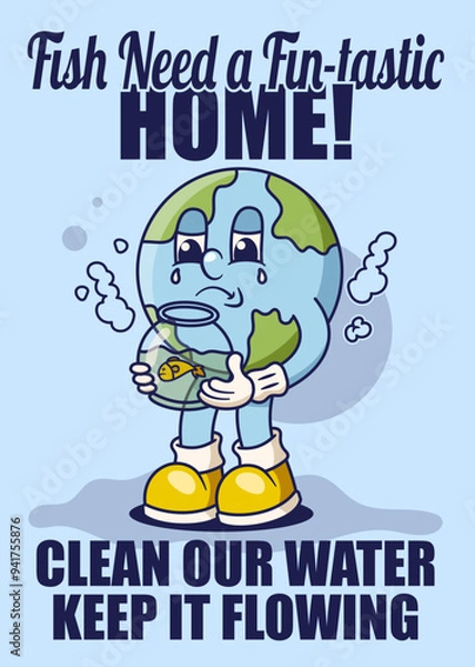Obraz Water Pollution Poster with Earth Retro Mascot Illustration Color Version