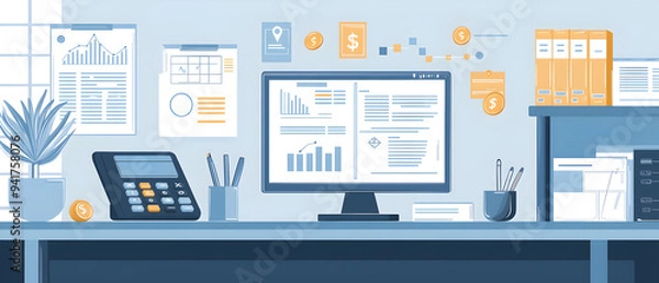 Fototapeta A flat vector illustration of a financial advisor’s office, with documents, calculators, and investment plans clean and professional design with a blue and gray color palette
