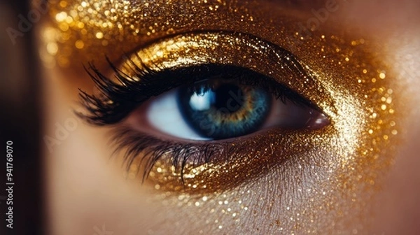Fototapeta A macro shot of a woman's eye with a glittering gold eyeshadow and precise black eyeliner, capturing the intricate detail of her makeup.