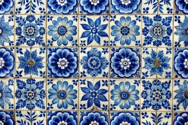 Fototapeta Indigo Ceramic Tile: Blue and white flowers adorn ceramic tiles, showcasing a timeless and serene aesthetic.