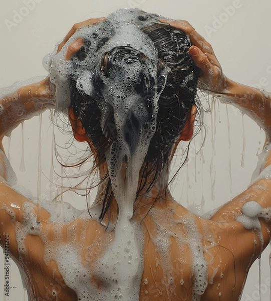 Fototapeta While in the shower, one typically cleanses their hair by forming a rich lather using shampoo. Foam and bubbles spread across the head and fingers, enhancing hygiene and relaxation