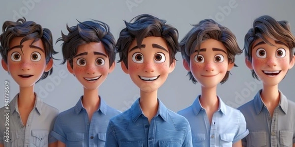 Fototapeta Friendly 3D Cartoon Male Character: Smiling Adult Man in Blue Shirt on Light Background. Minimalist Design for Emotional Expression and Cultural Inclusivity. Modern Marketing Template with Elegant Com
