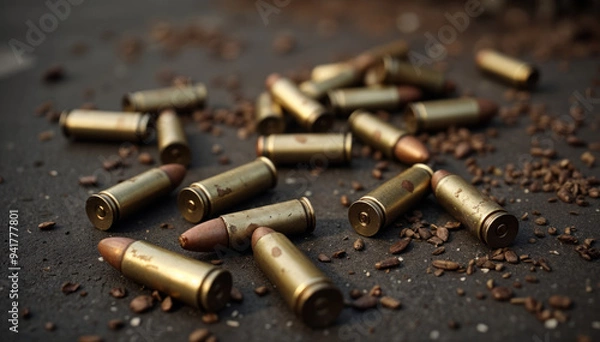 Fototapeta Bullet shells on ground, aftermath of firefight