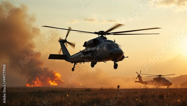 Fototapeta Helicopter hovering over battlefield, intense combat below