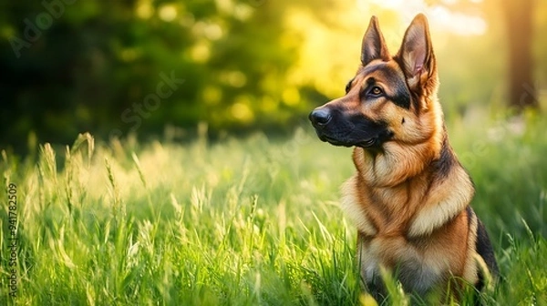 Fototapeta A German Shepherd dog standing alert and attentive in a lush grassy field or meadow with ample copy space for text overlay or design elements