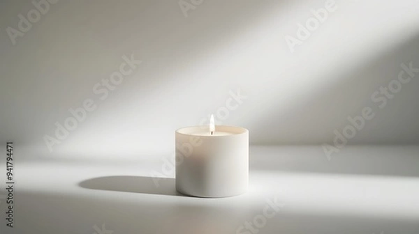 Fototapeta Minimalist Candle: A small, plain white candle in a minimalist holder, centered on a white background, with a faint shadow for depth.

