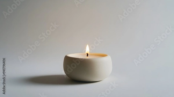 Fototapeta Minimalist Candle: A small, plain white candle in a minimalist holder, centered on a white background, with a faint shadow for depth.
